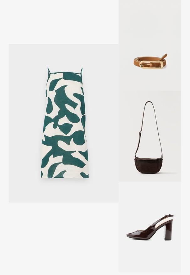 Robe à bretelles spaghetti en crème avec un motif camouflage abstrait vert. Présente une coupe droite et un tissu léger.; Chaussure à talon haut slingback brun foncé brillant avec bride à la cheville, boucle arrondie, bout pointu et talon bloc.; Sac bandoulière en daim marron foncé avec une sangle réglable et une poche zippée à l'avant, posé sur un fond clair uni.; Ceinture en daim couleur noisette enroulée avec une boucle allongée en métal doré brillant, posée sur un fond blanc.