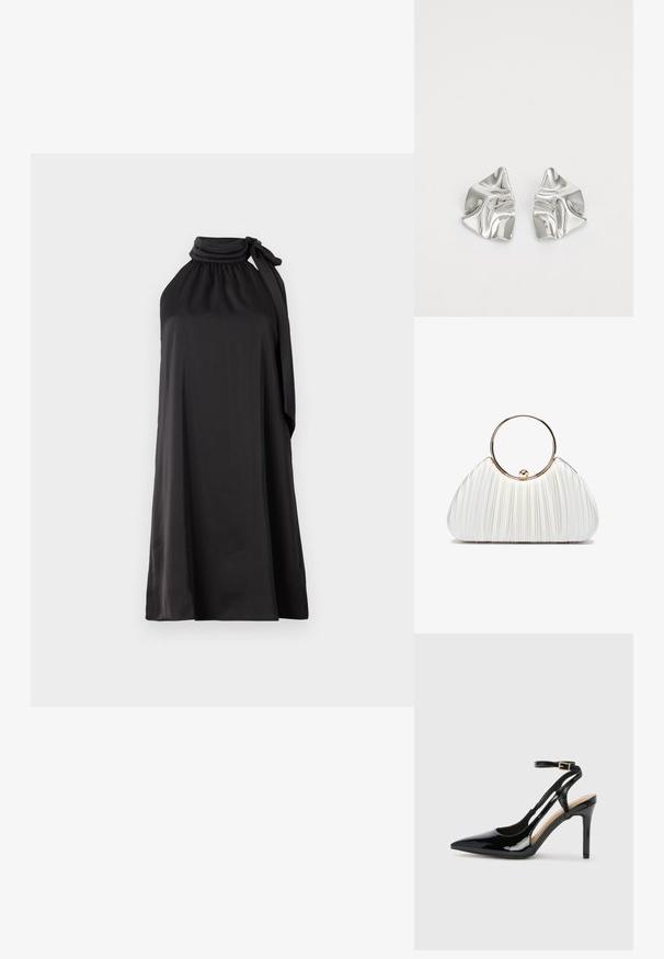 Vestido negro sin mangas, hecho de una tela suave con cuello alto y un lazo largo atado en el lado izquierdo, que presenta una silueta suelta en A.; Zapato de charol negro de tacón alto, tipo slingback, con punta afilada, correa ajustable en el tobillo y lados abiertos. Textura lisa.; Bolso de mano blanco plisado con un asa circular dorada, que presenta un tejido suave y una forma redondeada. Diseño elegante con un acabado texturizado.; Pendientes de metal plateado con un diseño ondulado y escultórico, que presentan un acabado pulido y formas irregulares, destacando una estética contemporánea.