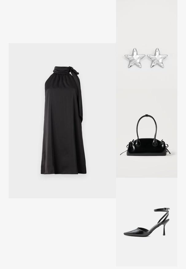Robe noire sans manches en tissu lisse avec un col montant et un long nœud noué sur le côté gauche, présentant une silhouette A-line ample.; Escarpin noir à bout pointu avec fines brides de cheville et fermeture à boucle argentée sur fond clair uni.; Petit sac à main noir brillant avec deux longues anses et des détails à cordon sur les côtés sur un fond clair uni.; Boucles d'oreilles argentées en forme d'étoile, avec une surface lisse et brillante. Chaque boucle d'oreille possède cinq pointes et des détails subtils de texture de surface.
