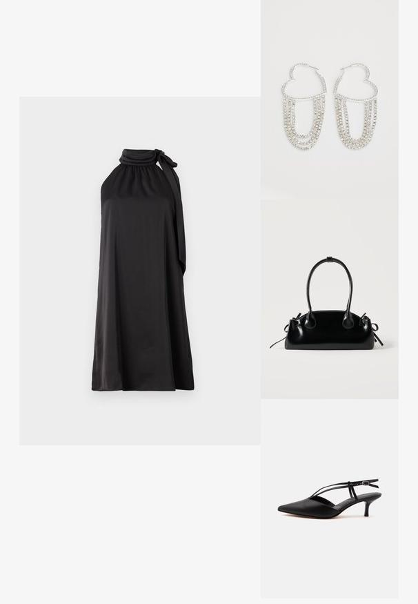 Sort ærmeløs kjole lavet af glat stof med høj hals og lang bundet sløjfe på venstre side, med en løs A-line silhuet.; Sort læder spids tå kitten heel med tynd ankelrem og spænde, slingback design, på en ensfarvet lys baggrund.; Lille sort blank håndtaske med to lange håndtag og snøre-detaljer i siden på en ensfarvet lys baggrund.; Sølv hoops i hjerteform, prydet med hængende strenge af klare rhinsten for ekstra glans og struktur.