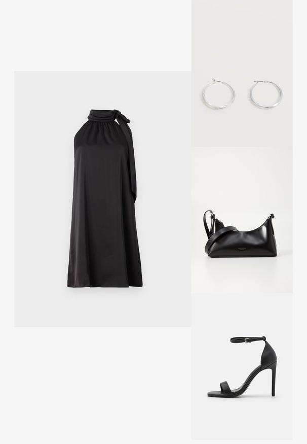 Sort ærmeløs kjole lavet af glat stof med høj hals og lang bundet sløjfe på venstre side, med en løs A-line silhuet.; Sort højhælet sandal med et sleek design, der har en ankelrem, åben tå og glat lædertekstur.; Sort læderhåndtaske med en glat tekstur. Har en justerbar stropp og et enkelt, minimalistisk design med lynlås.; Sølvfarvede metaloorringe med glat, let buet overflade og låsemekanisme på en ensfarvet hvid baggrund.