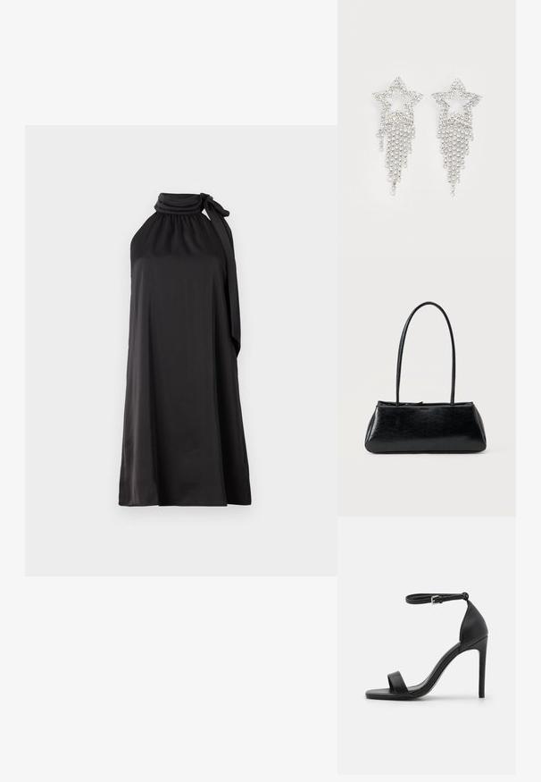 Sort ærmeløs kjole lavet af glat stof med høj hals og lang bundet sløjfe på venstre side, med en løs A-line silhuet.; Sort højhælet sandal med et sleek design, der har en ankelrem, åben tå og glat lædertekstur.; Sort rektangulær skuldertaske med lange tynde stropper og en glat, blank tekstur på en ensfarvet baggrund.; Rhinestone stjerne øreringe med dryppende frynsedetaljer, præget af sølvfarve og en blank, reflekterende overflade. Stjernedesign med detaljeret udformning.