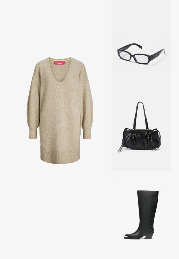 Vestido suéter de punto beige de manga larga con escote en V y puños y dobladillo acanalados, con un ajuste suelto y cómodo.; Botas altas de cuero negro con punta cerrada y diseño con recortes. Presentan un tacón ancho y una textura suave. Detalles en los paneles laterales destacados.; Gafas rectangulares de carey marrón con lentes transparentes y patillas elegantes, que muestran una textura suave y un diseño minimalista.; Bolso de mano de cuero negro con forma redondeada, asas dobles, acentos de hardware decorativo y detalles de lazo en los laterales. Textura lisa y brillante.