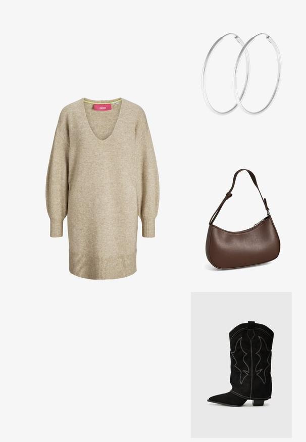 Beige gebreide jurk met lange mouwen, V-hals en geribbelde manchetten en zoom, met een losse, comfortabele pasvorm.; Zwarte suède cowboylaars met spitse neus, lage hak en decoratieve witte stiksel die een vlamachtig patroon op de schacht toont.; Kleine bruine leren schoudertas met verstelbare band en ritssluiting, getoond tegen een witte achtergrond. Geen zichtbaar merk of versieringen.; Zilverkleurige oorringen met een gladde, ronde vorm en een gepolijste afwerking. Beide oorbellen zijn van dezelfde grootte en hebben een veilige sluitmechanisme.