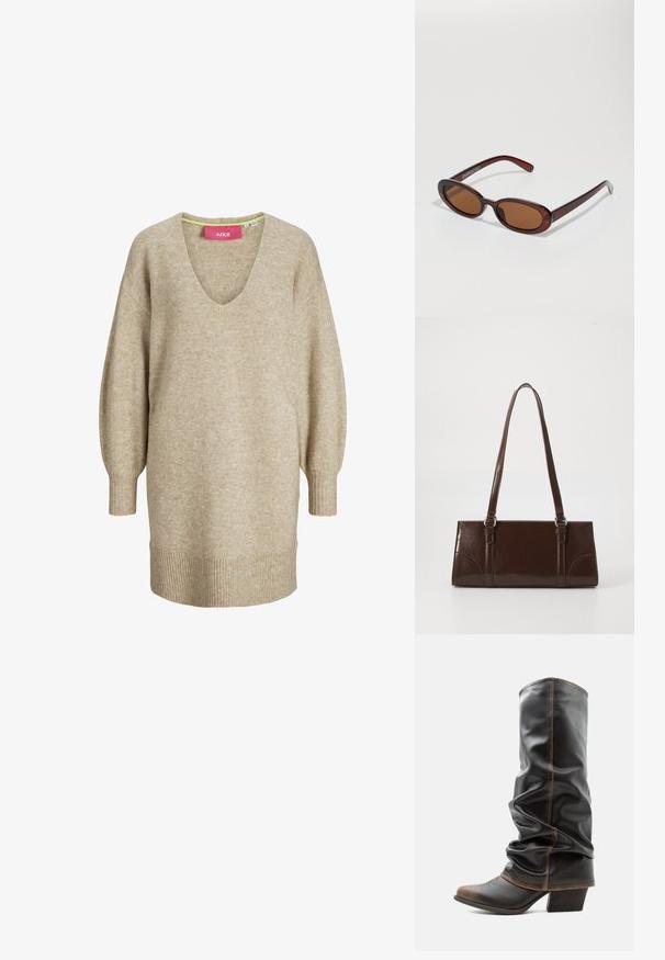 Vestido suéter de punto beige de manga larga con escote en V y puños y dobladillo acanalados, con un ajuste suelto y cómodo.; Bota alta de cuero negro con estilo holgado, detalles en marrón, puntera puntiaguda y tacón apilado sobre un fondo blanco liso.; Gafas de sol redondas con tinte marrón y un marco burdeos brillante. Patillas delgadas con un sutil detalle de marca. Diseño de lentes planos.; Bolso de mano de piel sintética marrón con forma rectangular, dos asas largas y sutiles acentos curvados en la parte delantera.