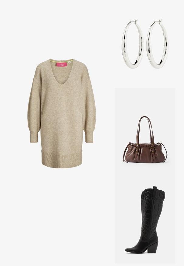 Vestido suéter de punto beige de manga larga con escote en V y puños y dobladillo acanalados, con un ajuste suelto y cómodo.; Botas negras de cuero hasta la rodilla con punta puntiaguda y tacón apilado. Presentan costuras decorativas y elementos de diseño curvados.; Bolso de cuero marrón con dos asas largas, diseño acanalado, acentos de hardware en tono dorado y un acabado texturizado.; Pendientes de aro de plata con una superficie lisa y reflectante. Forma redonda y grande con un cierre seguro en la parte superior. El acabado pulido resalta el brillo.