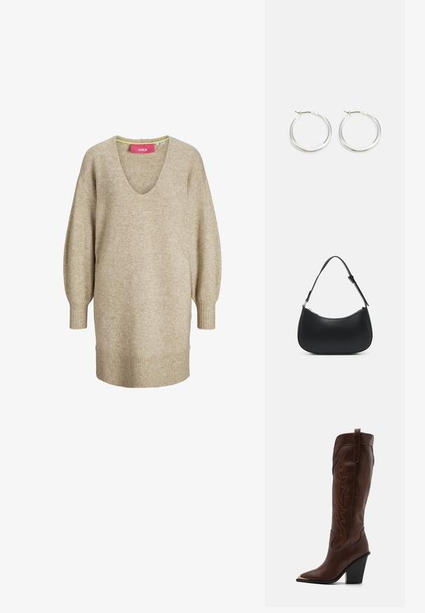 Vestido suéter de punto beige de manga larga con escote en V y puños y dobladillo acanalados, con un ajuste suelto y cómodo.; RAID RIMSKY - Botas de tacón - brown; Pieces PCALUANA SHOULDER BAG - Bolso de mano - black; Los pendientes de aro de plata presentan un diseño suave y redondeado con un perfil delgado y un cierre seguro. Estilo minimalista con un acabado pulido.