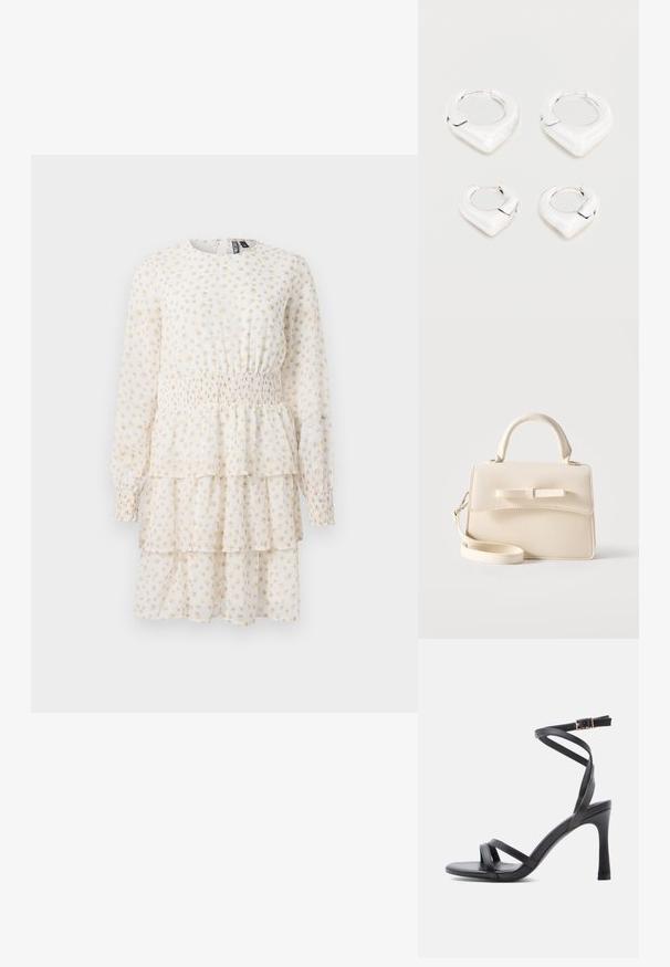 Lagdelt kjole i lys creme med små beige blomster mønstre. Har lange ærmer og en smocket talje for en tætsiddende form.; Sorte højhælede sandaler med et elegant design, der har to smalle remme hen over tåen og en krydsrem omkring anklen med en spænde.; Lille beige håndtaske med top-håndtag, aftagelig rem, forreste klap og dekorativ vandret sløjfe på en ensfarvet baggrund.; To par skinnende sølvøreringe med et karakteristisk spidst, V-formet design, vist på en hvid baggrund.