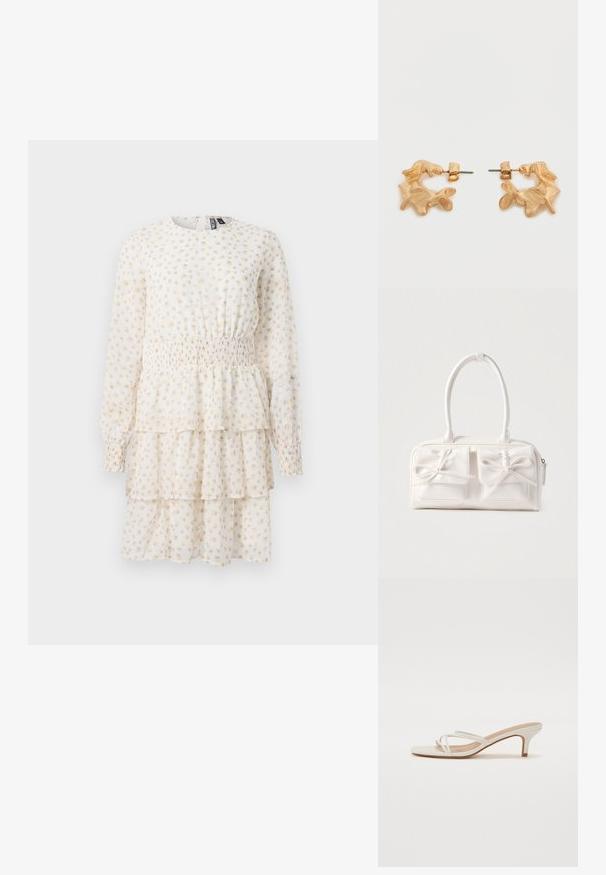 Lagdelt kjole i lys creme med små beige blomster mønstre. Har lange ærmer og en smocket talje for en tætsiddende form.; Hvide block-heel sandaler har tynde stropper og et kvadratisk tådesign. Hælen er ca. midt-høj, med en glat overflade.; Hvid syntetisk håndtaske med to forlommer, hver med en bundet sløjfedetalje. Glat tekstur, afrundede håndtag og lynlås lukning.; Øreringe i guldfarve med en abstrakt, organisk form, der har en tekstureret overflade og lukkemekanisme med stik.