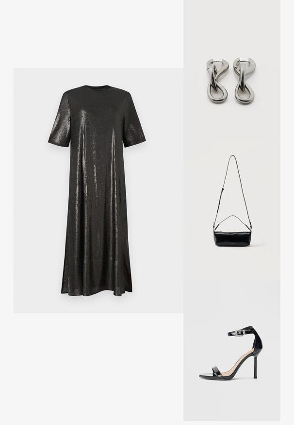 Sort pailletkjole med korte ærmer, rund hals og en løs pasform. Har lang længde og lette sideslids til bevægelse.; Sort højhælet sandal i laklæder med ankelrem. Har minimalistisk design, åben tå og spænde med rhinsten-detaljer.; Sort rektangulær læder crossbody-taske med justerbar skulderrem, top lynlås og lille gyldent Calvin Klein-logo foran.; Par af sølvtonede metale øreringe med abstrakt sammenflettet løbedesign på hvid baggrund.