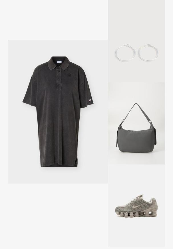 Zwart oversized poloshirt met korte mouwen, twee knopen bij de hals, klein logo op de borst en logopatch op de linker mouw.; Lichtbeige Nike Shox sneaker met zichtbare zuilachtige dempende zool en mesh details op het bovenwerk.; Grijze, gewatteerde schoudertas met een gebogen vorm, een gladde textuur, een verstelbare schouderband en een subtiel reliëflogo aan de voorkant.; Een paar glanzende zilveren oorringen met dunne draadafsluitingen, getoond op een lichtgrijze achtergrond.