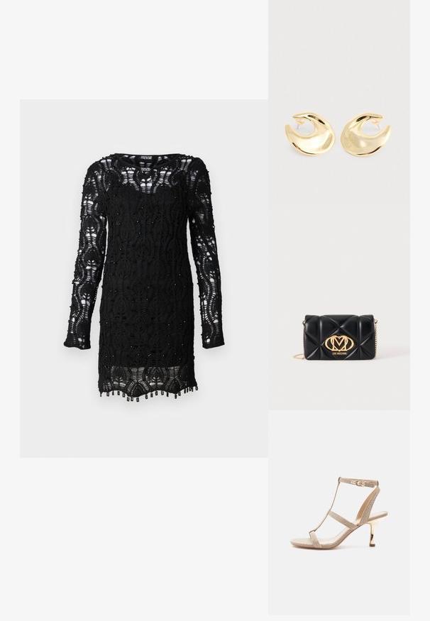 Robe noire en dentelle avec manches longues, présentant un motif floral, des accents perlés et un ourlet à franges. Texture semi-transparente.; Sandale beige pour femme avec brides, talon bébé doré et fermeture à boucle à la cheville, présentée sur un fond blanc.; Sac à main en cuir noir matelassé avec bandoulière chaîne dorée et grand logo doré Love Moschino sur le devant.; Une paire de boucles d'oreilles en forme de croissant dorées et brillantes, avec des supports en plastique transparent, sur une surface gris clair.