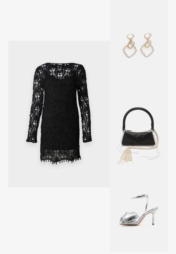 Robe noire en dentelle avec manches longues, présentant un motif floral, des accents perlés et un ourlet à franges. Texture semi-transparente.; Loeffler Randall MARLENA - Sandales à talons hauts - silver; Sac en cuir noir avec une poignée arrondie, fermeture éclair en argent, bordure en fourrure blanche et un long gland crème attaché à l'avant.; Boucles d'oreilles en or présentant un design superposé avec un contour en forme de vagues et de petites pierres. Fermées par un fermoir à anneau pour un port sûr.