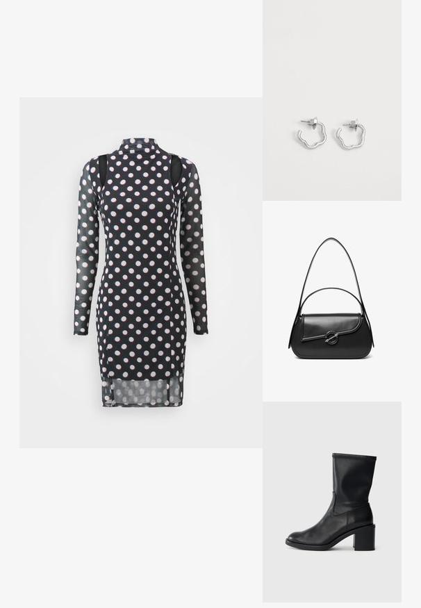 Robe noire à manches longues avec des pois blancs et rouges, col haut, épaules dégagées et une texture légèrement transparente.; Botte en cuir noir à cheville avec un bout rond, texture lisse et un talon épais, présentant un tige ajustée et un subtil détail de couture.; Sac à bandoulière en cuir noir avec un rabat incurvé fermé par un fermoir métallique rond et une sangle fine et ajustable.; Paire de petites boucles d'oreilles créoles en argent avec des formes ondulées irrégulières et des fermoirs à tétons sur fond blanc uni.
