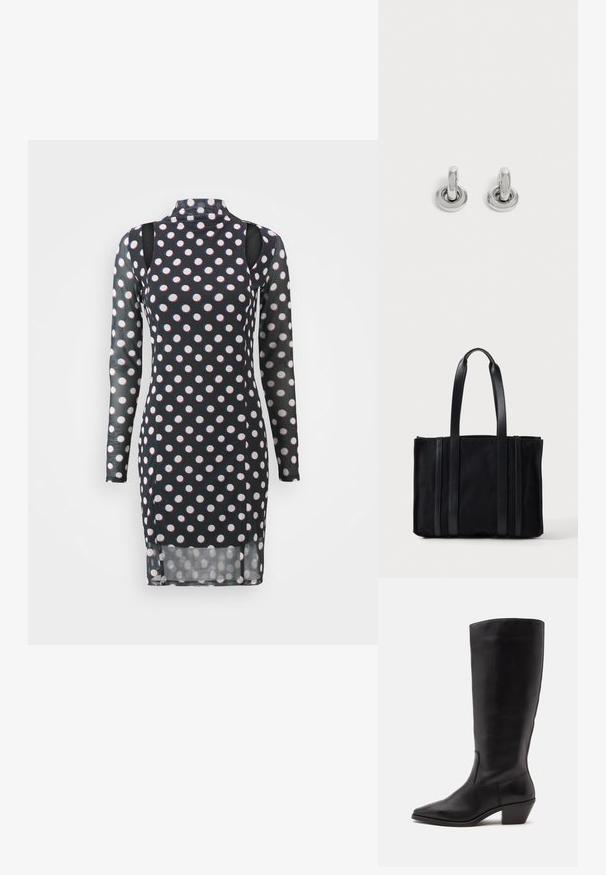 Robe noire à manches longues avec des pois blancs et rouges, col haut, épaules dégagées et une texture légèrement transparente.; Botte en cuir noire mi-mollet avec un bout pointu et un talon bas incliné sur un fond clair uni.; Sac cabas rectangulaire noir avec deux longues anses et des accents en cuir verticaux à l'avant, sur un fond clair uni.; Paire de petites boucles d'oreilles créoles argentées brillantes avec une base ronde, présentées sur un fond clair uni.