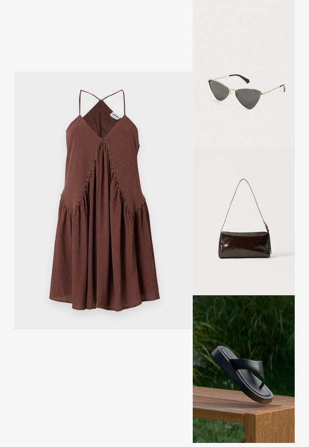 Vestido marrón sin mangas con un escote en V profundo, diseño plisado y detalles decorativos de ojales dorados a lo largo de las costuras. Tejido ligero.; Sandalia chancla de cuero negro flotando sobre un banco de madera al aire libre con hierba alta y verde desenfocada al fondo.; Gafas de sol con montura de metal dorado en forma triangular, con lentes gris oscuro, puntas de patilla negras y un pequeño logotipo en el lateral.; Bolso de hombro rectangular de cuero marrón oscuro con una única correa delgada y hebilla dorada sobre un fondo liso.