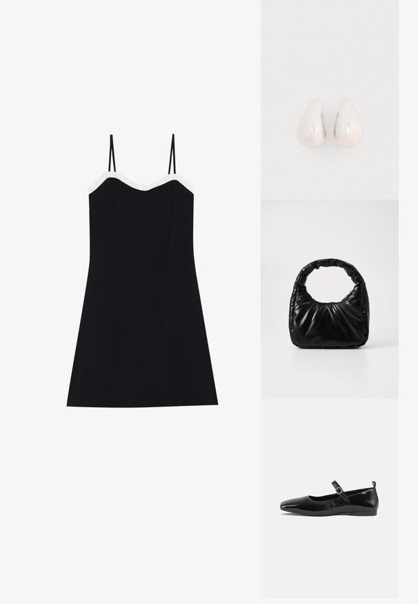 Robe noire avec des fines bretelles, corsage ajusté et ourlet évasé. Bordure froncée blanche le long de l'encolure. Tissu lisse et léger.; Chaussure plate en cuir verni noir avec un bout pointu, une sangle de cheville avec boucles, et une texture lisse et brillante. Talon bas pour le confort.; Sac à main noir rembourré avec une poignée arrondie, présentant une surface lisse et brillante ainsi qu'une texture douce et matelassée. Pas de quincaillerie ou d'accents visibles.; Boucles d'oreilles en métal argenté en forme de goutte, avec une surface lisse et réfléchissante, présentant un design sans couture et sans embellissements visibles.