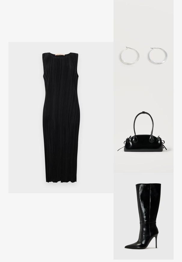 Zwart mouwloos midi-jurk met verticale plooien, ronde halslijn en een getailleerd silhouet. Soepele textuur en rechte zoom.; Zwarte leren kniehoge laarzen met een spitse neus en hoge stiletto hak. Soepele textuur en strak ontwerp, met minimale detailing.; Kleine zwarte glanzende handtas met twee lange hengsels en zijkant trekkoord details op een effen lichte achtergrond.; Zilverkleurige metalen creolen oorbellen met een glad, licht gebogen oppervlak en sluitingen met haaksluiting op een effen witte achtergrond.