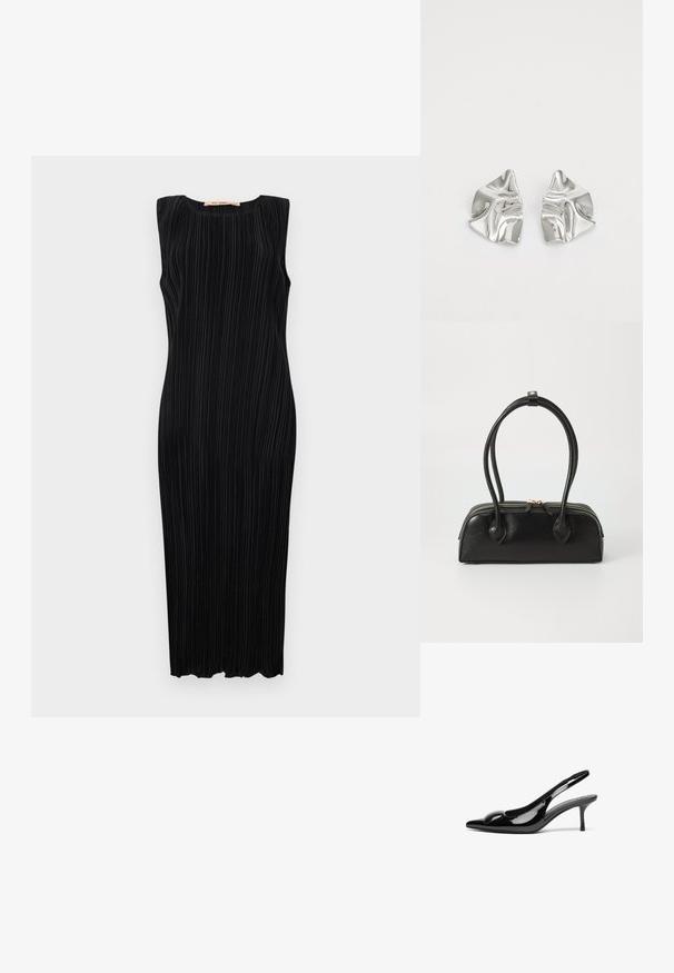 Zwart mouwloos midi-jurk met verticale plooien, ronde halslijn en een getailleerd silhouet. Soepele textuur en rechte zoom.; Zwarte gepatineerde leren slingback hakken met een puntige neus en een glanzende afwerking. Heeft een slanke hak en een ronde accent op de bovenkant.; Zwarte leren handtas met twee verlengde handvatten, ritsluiting en ronde vorm; gladde textuur met subtiele glanzende afwerking.; Zilveren metalen oorbellen met een golvend, sculpturaal ontwerp, voorzien van een gepolijste afwerking en onregelmatige vormen, die een hedendaagse esthetiek benadrukken.