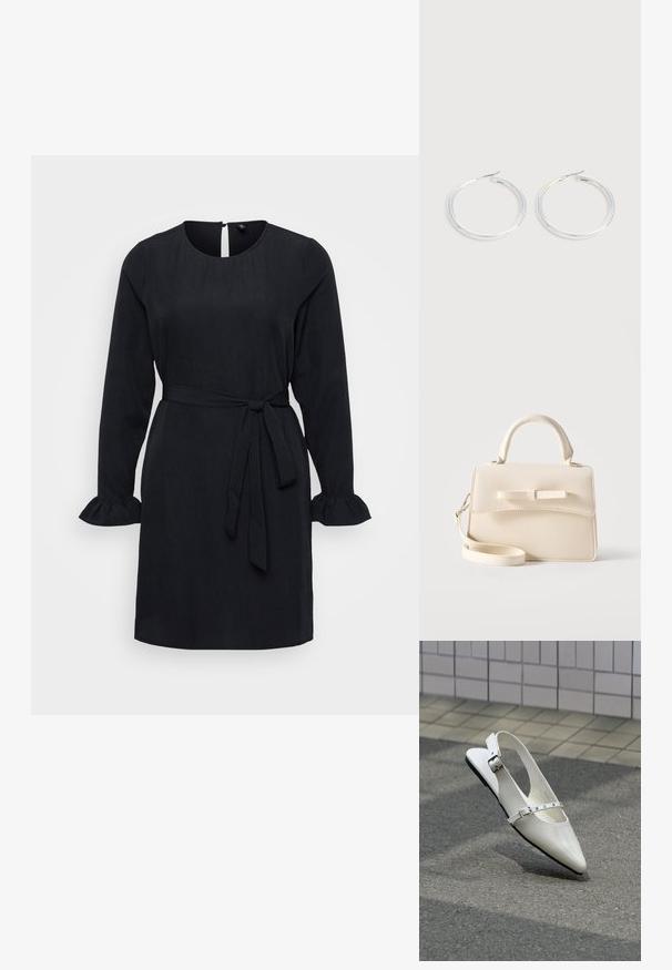 Sorte kjole med lange ærmer, flæsemanchetter og bånd i taljen, med rund halsudskæring og en nøglehulåbning på ryggen.; Hvid spids slingback flad sko med to sølvspænder, vist udendørs på tekstureret underlag og flisebelagt væg baggrund.; Lille beige håndtaske med top-håndtag, aftagelig rem, forreste klap og dekorativ vandret sløjfe på en ensfarvet baggrund.; Par skinnende sølvøreringe med tynde trådlåse, vist på en lys grå baggrund.