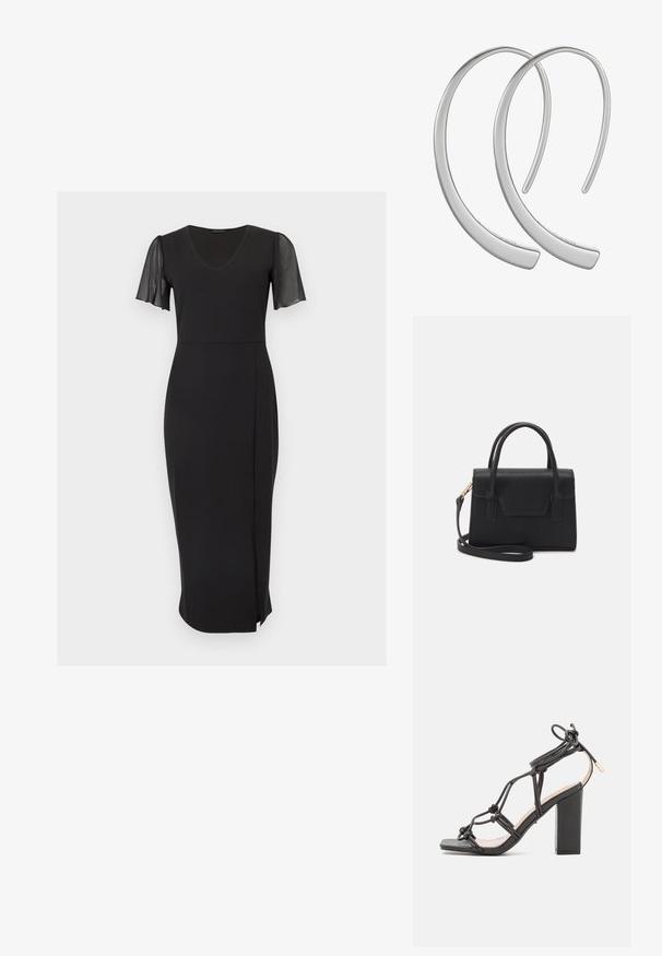 Robe midi noire avec col en V, taille cintrée, manches courtes flottantes en tissu transparent, avec une légère fente à l'avant de la jupe.; DeeZee Sandales à talons hauts - black; Sac à main structuré noir en cuir avec une poignée supérieure, une bandoulière détachable et un détail à rabat à l'avant. Accents en matériel doré.; Boucles d'oreilles en métal argenté en forme de croissant, avec une surface lisse et brillante. Elles présentent un design minimaliste sans motifs visibles.