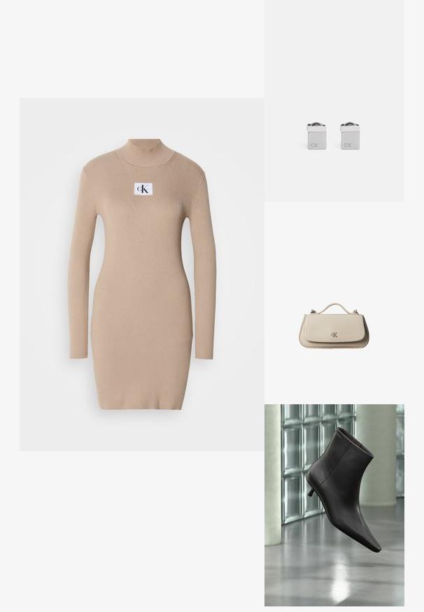 Robe tricotée beige avec un col montant, des manches longues, une texture côtelée et un patch logo carré sur la poitrine. Design ajusté, longueur genoux.; Bottine en cuir noir avec bout pointu et petit talon, présentée devant un mur en blocs de verre et un sol poli.; Petit sac à main en cuir beige avec poignée supérieure et logo CK argenté sur le rabat avant, présenté sur fond blanc.; Boutons de manchette carrés en argent avec une finition polie, présentant les lettres gravées "CK" d'un côté et un détail arrondi sur le dessus.