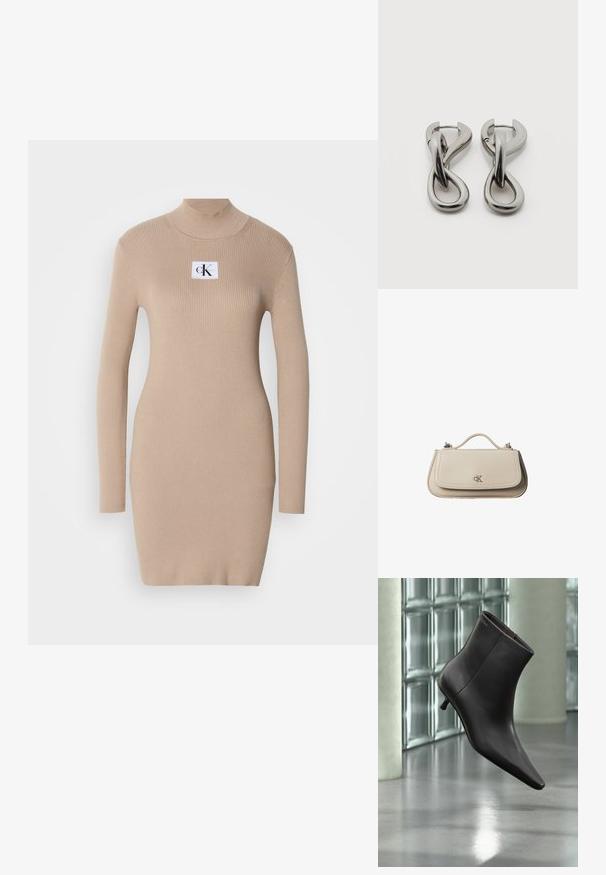 Beige Strickkleid mit Stehkragen, langen Ärmeln, Rippstruktur und quadratischem Logopatch auf der Brust. Figurbetonter, knielanger Schnitt.; Schwarzer Leder-Knöchelstiefel mit spitzer Spitze und kleinem Absatz vor einer Wand aus Glasbausteinen und einem polierten Boden.; Kleine beigefarbene Lederhandtasche mit oberem Griff und silbernem CK-Logo auf der Frontklappe, vor weißem Hintergrund dargestellt.; Paar silberfarbene Metallohrringe mit abstraktem ineinandergreifendem Schlaufen-Design auf weißem Hintergrund.