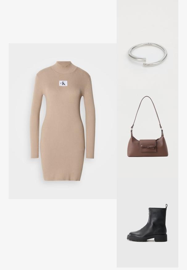 Beige neulemekko, jossa on korkea kaulus, pitkät hihat, ribbi-ilme ja neliön muotoinen logo-patch rinnassa. Slim fit, polvimittainen malli.; Musta nahkasaapas nilkkapituisena, jossa on sivuvetoketju, pyöristetty kärki ja paksu, teksturoitu pohja. Huomaamaton brändäys sivussa.; Ruskea nahkainen olkalaukku, jossa on etutasku, jossa on ommeltu rusetti, sekä säädettävä hihna.; Calvin Klein SPIRAL - Rannekoru - silver-coloured
