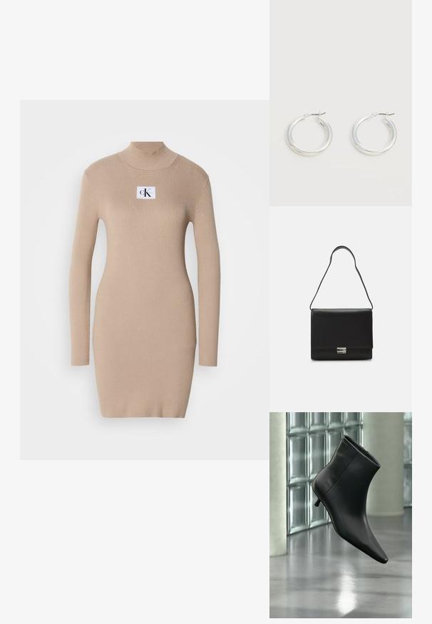 Beige Strickkleid mit Stehkragen, langen Ärmeln, Rippstruktur und quadratischem Logopatch auf der Brust. Figurbetonter, knielanger Schnitt.; Schwarzer Leder-Stiefelette mit spitzer Zehenpartie und niedrigem Kitten-Heel, schräg dargestellt vor einem polierten Boden und einer Glasbausteinwand.; Calvin Klein ARCHIVE SHOULDER BAG SHINY - Handtasche - black; Paar mittelgroße glänzende silberne Hoop-Ohrringe mit dünnen Metallverschlüssen auf hellem neutralem Hintergrund.