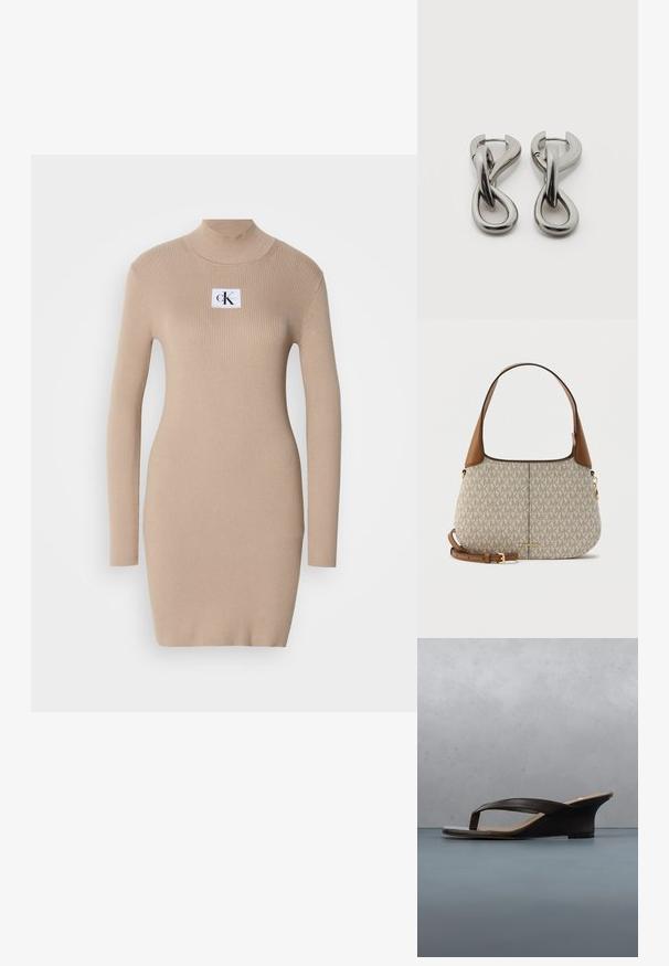 Beez värvi kudum Kleid, millel on vale krae, pikad varrukad, ribakujuline tekstuur ja ruudukujuline logo plekk rinnal. Lihtne istuvus, põlvini ulatuv disain.; Mustad kiilkontsaga sandaal rihmadega, asetatud puidust lauale ja kivipinnale õues, lähedal rohelised taimed ja betoonsein.; Beež käekott kontrastse pruuni nahast sangade ja pealsete aksentidega. Omab korduvat MK logo mustrit ning kuldseid metallosi.; Hõbedatoonides metallist kõrvarõngad abstraktse üksteisega põimunud aasade disainiga valgel taustal.