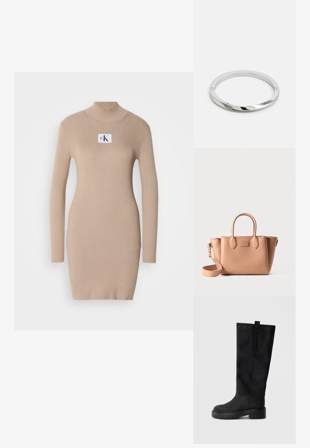 Beige neulemekko, jossa on korkea kaulus, pitkät hihat, ribbi-ilme ja neliön muotoinen logo-patch rinnassa. Slim fit, polvimittainen malli.; Mustat polvipituiset saappaat, jotka on valmistettu sileästä nahasta. Niissä on pyöreä kärki, paksu pohja, jossa on urituksen, ja takana vetotappi.; Tan-värinen nahkalaukku, jossa on kaksinkertaiset yläkahvat, irrotettava olkahihna ja jämäkkä rakenne. Rakenteellisessa pinnassa on tekstuuria ja logopainatus edessä.; Hopeakuvioinen rannekoru, jossa on sileä, kiiltävä pinta ja tasaiset reunat. Rannekorussa on avoin pyöreä muotoilu, jossa on hillitty suljin yksityiskohta.