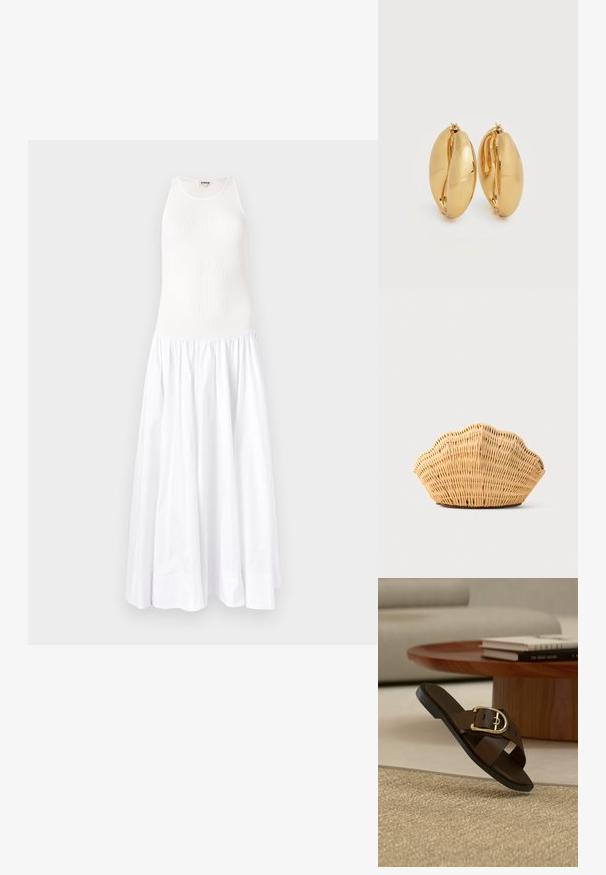 Robe maxi blanche avec un haut côtelé et une jupe fluide et froncée. Confectionnée en tissu léger, elle présente un design sans manches et un col rond.; Sandale à enfiler en cuir marron avec boucle dorée sur un tapis beige, table basse en bois et livres en arrière-plan.; Sac à main en rotin tissé en forme de coquille Saint-Jacques de couleur brun clair naturel avec des bords arrondis et texturés.; Paire de boucles d'oreilles épaisses en forme de créoles, effet or poli, avec un design légèrement ovale et massif, dotées de fermoirs à charnière sur fond blanc.