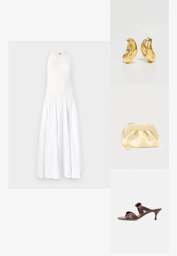 Hvid maxi kjole med en ribbet top og en let, samlet skirt. Fremstillet af letvægtsstof, har den en ærmeløs design og en rund halsudskæring.; Brun vævet læder-sandal med to remme og en lav kittenhæle på en ensfarvet hvid baggrund.; Clutch-taske i cremefarvet læder med en struktureret topramme og håndledsrem, vist mod en enkel lys baggrund.; Guldringeøreringe med en glat, buet form og poleret overflade. Udstyret med en lukkeanordning og lette fordybninger for detaljer.
