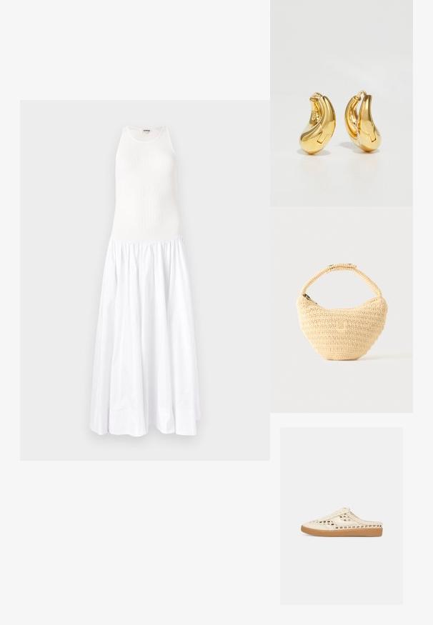 Robe maxi blanche avec un haut côtelé et une jupe fluide et froncée. Confectionnée en tissu léger, elle présente un design sans manches et un col rond.; Baskets beiges sans lacets avec un design en maille tissée et une semelle en caoutchouc naturel, dotées d'un devant lacé et d'une pointe fermée.; Sac à main beige tissé avec corps arrondi, fermeture éclair et une sangle courte et épaisse dans un style crochet simple et texturé.; Boucles d'oreilles en or en forme de d'anneaux lisses et courbés avec une finition polie. Équipées d'un mécanisme de fermeture et de légères indentations pour le détail.
