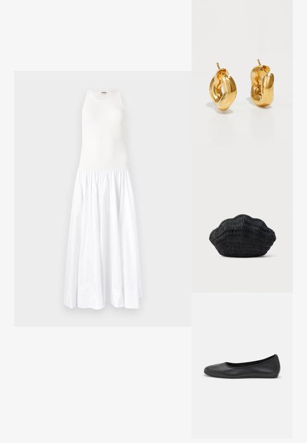 Robe maxi blanche avec un haut côtelé et une jupe fluide et froncée. Confectionnée en tissu léger, elle présente un design sans manches et un col rond.; Ballerines en cuir noir avec un bout rond, texture lisse, détails de couture minimalistes et design de semelle flexible.; Sac à main en osier noir en forme de coquille Saint-Jacques avec un dessus courbé et une texture tressée sur un fond uni.; Boucles d'oreilles créoles en or massif avec un design tubulaire légèrement tordu et des fermoirs à tige sur un fond blanc.
