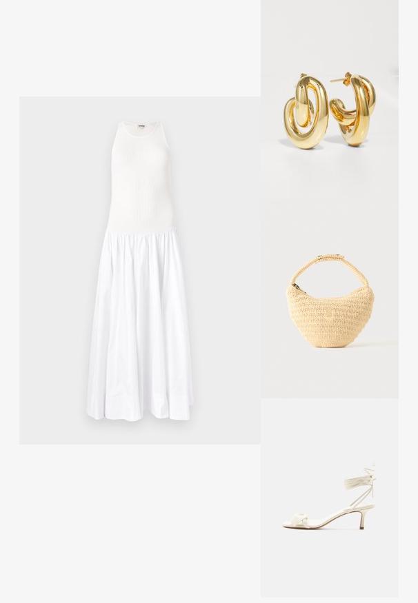 Hvid maxi kjole med en ribbet top og en let, samlet skirt. Fremstillet af letvægtsstof, har den en ærmeløs design og en rund halsudskæring.; Kremfarvet sandal med lave hæle, bindebånd om anklen og en bred snoet rem over tæerne på en ensartet hvid baggrund.; Beige vævet håndtaske med afrundet krop, lynlås, og en kort, tyk strop i en enkel, tekstureret hæklestil.; Charlotte Chesnais BO INITIAL BLOW - Øreringe - gold-coloured