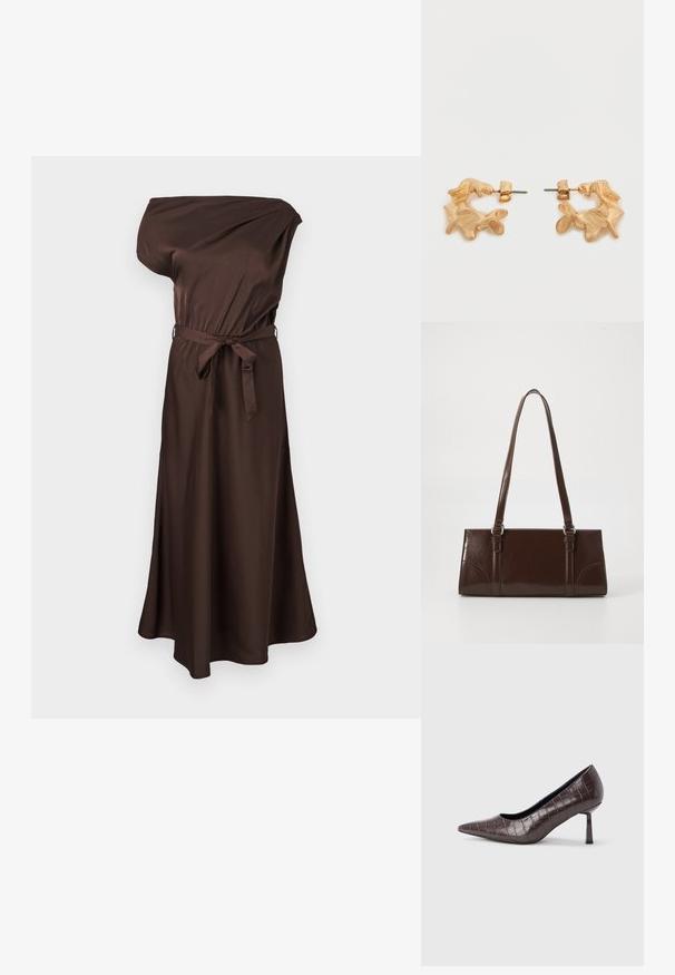 Robe midi en satin marron à une épaule avec ceinture à la taille et légère évasement à l'ourlet.; Escarpins à bout pointu en similicuir marron avec une texture crocodile, dotés d’un talon fin et angulaire ainsi que d’une doublure intérieure lisse.; Sac à main en cuir verni marron de forme rectangulaire, avec deux longues poignées et des accents courbés subtils à l'avant.; Boucles d'oreilles dorées avec une forme abstraite et organique, présentant une surface texturée et une fermeture à poussette.
