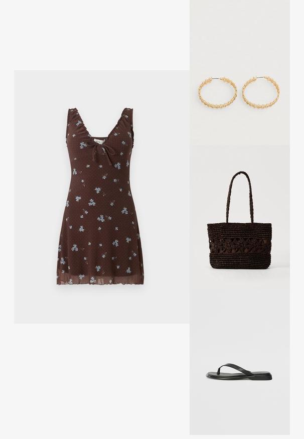 Robe marron sans manches avec petit imprimé floral bleu, bretelles froncées, col en V et détail noué à l'avant.; Tongs noires en cuir lisse, avec un design de sangle fine et une semelle plate à profil minimal. Aucun motif ou accent notables.; Sac fourre-tout tissé brun foncé avec des motifs floraux et deux longues poignées tressées sur un fond clair uni.; Boucles d'oreilles créoles en or avec un design texturé orné de petites perles rondes sur le bord extérieur. Légères avec une fermeture sécurisée.