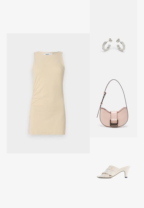 Robe sans manches de couleur crème avec des détails froncés sur le côté et un accent à nouer. Tissu lisse, design ajusté et longueur au-dessus du genou.; Mules à talons hauts beiges avec un design de bride en cuir torsadé, bout ouvert et motif de logo en relief. Le talon présente un détail d'embout noir.; Petit sac à main en cuir rose, courbé et avec une finition brillante, doté d'une bandoulière noire et d'un grand fermoir noir. Design en bandoulière.; Boucles d'oreilles en métal argenté avec un design texturé, dotées d'un petit fermoir et d'une marque sur une des hoops. Forme arrondie avec une finition polie.