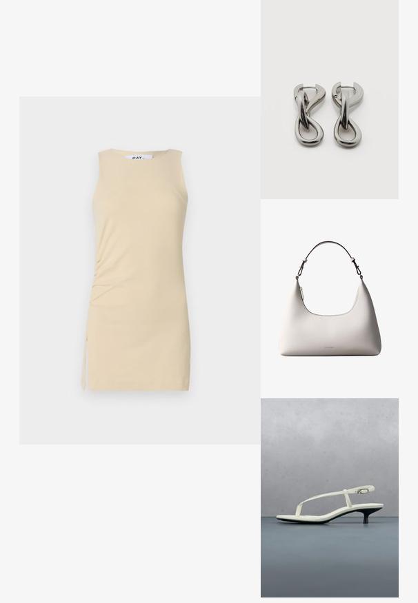 Robe sans manches de couleur crème avec des détails froncés sur le côté et un accent à nouer. Tissu lisse, design ajusté et longueur au-dessus du genou.; Sandale blanche à talon kitten avec des lanières et un bout pointu, flottant au-dessus d'un sol en carrelage en bois en plein air avec un arrière-plan flou de plante et de mur.; Sac à bandoulière en cuir couleur crème de Calvin Klein avec bord supérieur incurvé, fermeture éclair argentée et sangle ajustable brun foncé.; Paire de boucles d'oreilles en métal argenté avec un motif abstrait d'anneaux entrelacés sur fond blanc.