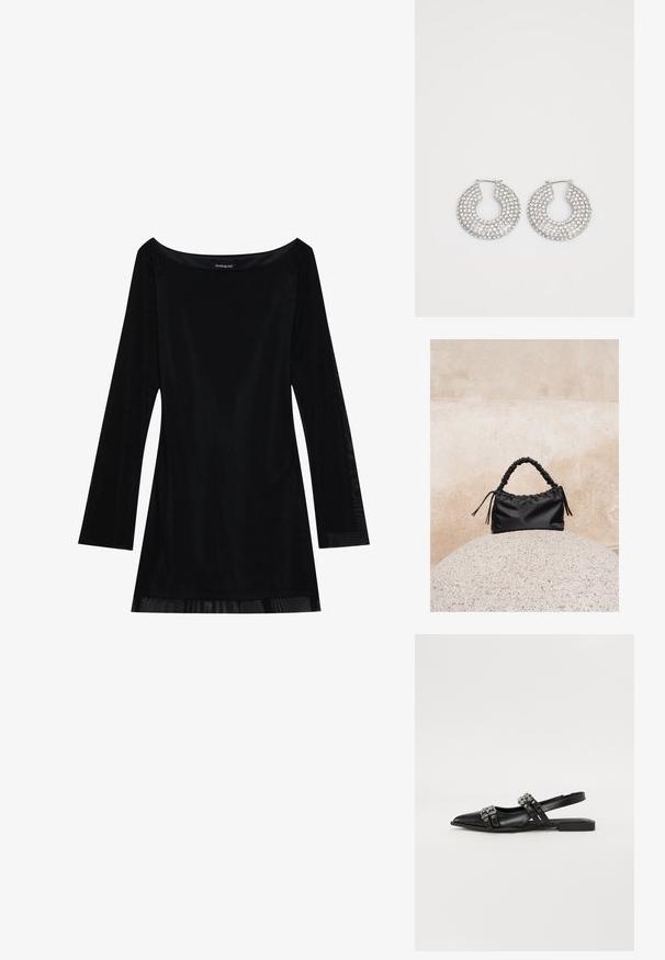Schwarzes langärmliges Kleid mit schulterfreiem Dekolleté, glatter Textur und fließender Silhouette. Verfügt über transparente Details am Saum.; Even&Odd by Zalando Sling-Ballerina - black; Schwarze geraffte Handtasche mit einem gesammelten Griff, die auf einer strukturierten Steinkugel vor einem beigen Betonwand-Hintergrund liegt.; Silberne Creolen, verziert mit mehreren klaren Kristallverzierungselementen, mit einer strukturierten Oberfläche und einem offenen, kreisförmigen Design.