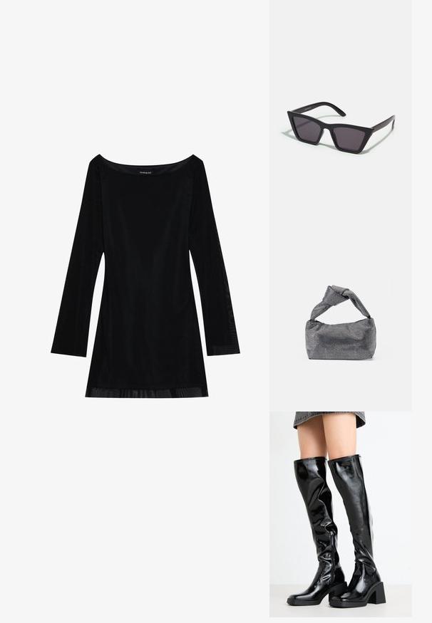 Zwart lang mouwjurk met een off-shoulder halslijn, soepele textuur en een vloeiende silhouet. Heeft doorzichtige details aan de zoom.; Zwarte, glanzende laarzen tot de knie met een vierkante neus en een robuuste hak. Heeft een rits aan de zijkant en een aansluitend, gestructureerd ontwerp.; Zwarte, hoekige zonnebril met grijze lenzen; gemaakt van plastic, met dikke armen met een gladde oppervlakte en zonder zichtbare hardware.; Zwarte en zilveren handtas met een gestructureerd oppervlak dat een diamanten patroon vertoont, een geknoopt handvat en een gestructureerde vorm.