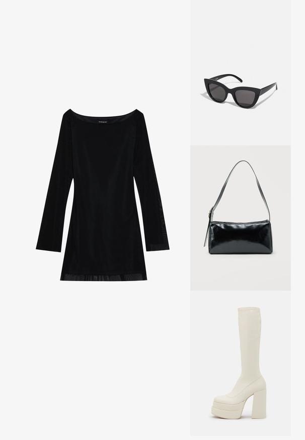 Zwart lang mouwjurk met een off-shoulder halslijn, soepele textuur en een vloeiende silhouet. Heeft doorzichtige details aan de zoom.; Steve Madden CYPRESS - Plateaulaarzen - off white; Zwarte cat-eye zonnebril met een matte afwerking, voorzien van grijs getinte glazen, scherpe hoeken en slanke zijarmen. Merkennaam zichtbaar op de binnenarm.; Zwarte rechthoekige schoudertas met een enkele verstelbare band en een bovenste ritssluiting op een effen achtergrond.
