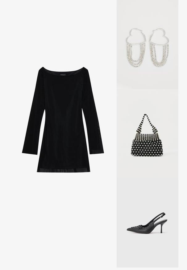 Sort langærmet kjole med off-shoulder halsudskæring, glat tekstur og en svævende silhuet. Har gennemsigtige detaljer ved kanten.; Sorte læder slingback stiletto med spids tå, side spændebånd, nitter langs kanten og dekorativ snøring foran.; Sort-hvid perlebesat håndtaske med kort håndtag, der har skiftevis perleagtige og sorte facetterede perler i et ternet mønster.; Sølv hoops i hjerteform, prydet med hængende strenge af klare rhinsten for ekstra glans og struktur.