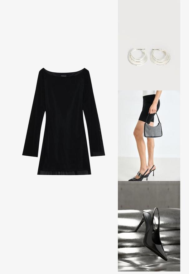 Zwart lang mouwjurk met een off-shoulder halslijn, soepele textuur en een vloeiende silhouet. Heeft doorzichtige details aan de zoom.; Glanzende zwarte slingback pump met hoge hak, gebalanceerd op een glanzend zilverkleurig metalen kussen met een gladde textuur.; Zwarte beaded handtas met een gebogen silhouet, draaghandvat en glanzende textuur. Draagt bij hoge zwarte hakken en strakke zwarte shorts.; Zilveren oorringen met drie gelaagde halve cirkelvormige banden, waarvan één versierd met kleine heldere kristallen op een lichte achtergrond.