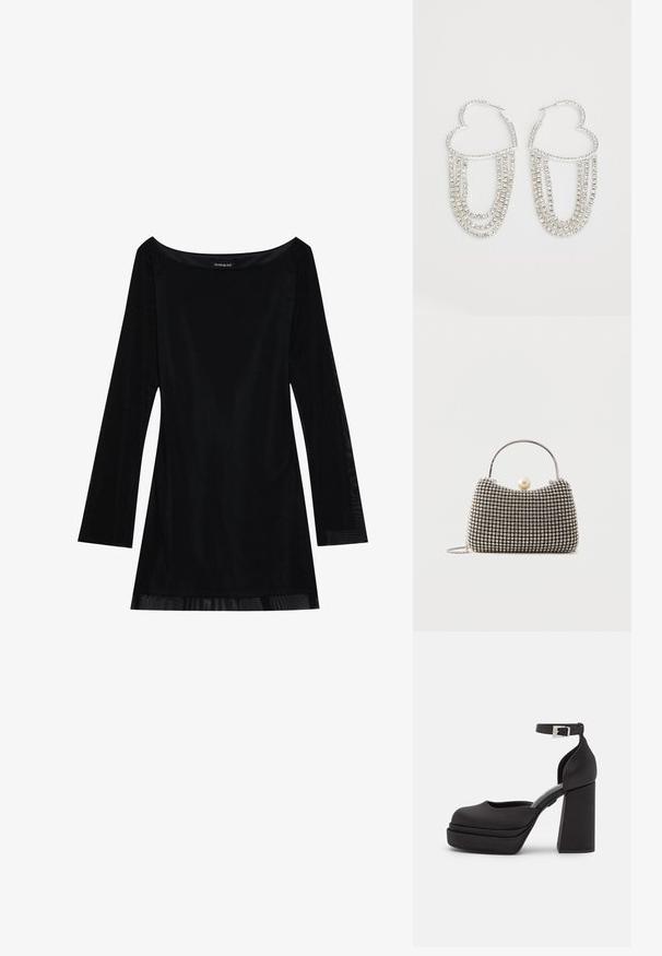 Zwart lang mouwjurk met een off-shoulder halslijn, soepele textuur en een vloeiende silhouet. Heeft doorzichtige details aan de zoom.; Zwarte platform hakken met een ronde neus, matte stof, hoge blokhak, verstelbare enkelband en subtiele stiksels.; Kleine handtas met zilverkleurig rasterpatroon, gebogen handvat, grote parel sluiting en een dunne zilveren kettingriem op een effen achtergrond.; Zilveren oorringen in de vorm van een hart, versierd met watervalletjes van heldere rhinestones voor extra sprankeling en textuur.