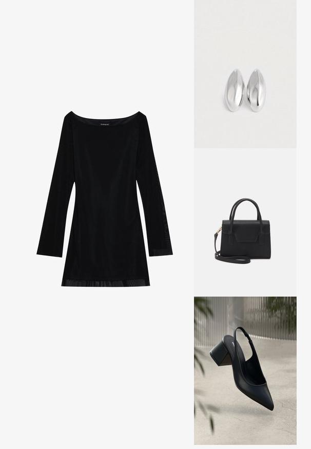 Zwart lang mouwjurk met een off-shoulder halslijn, soepele textuur en een vloeiende silhouet. Heeft doorzichtige details aan de zoom.; Zwarte leren slingback hak met een spitse neus en een blokhak. Glad oppervlak, minimalistisch ontwerp en verstelbare enkelband.; Zwarte gestructureerde handtas van leer met een bovenhandvat, een afneembare schouderriem en een voorflapdetail. Gouden hardwareaccenten.; Een paar gladde, glanzende zilveren ovale objecten die naast elkaar zijn geplaatst op een eenvoudige witte achtergrond.