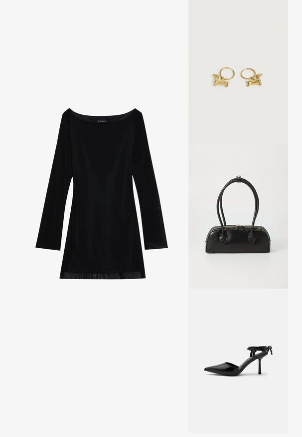 Schwarzes langärmliges Kleid mit schulterfreiem Dekolleté, glatter Textur und fließender Silhouette. Verfügt über transparente Details am Saum.; Schwarzer Lackleder-Pumps mit spitzer Zehenpartie und Knöchelriemen, hinten zu einem Knoten gebunden, gezeigt auf weißem Hintergrund.; Schwarze Lederhandtasche mit zwei verlängerten Griffen, Reißverschluss und runder Form; glatte Textur mit subtiler glänzender Oberfläche.; Kleine goldene Creolen, jeweils mit einem hängenden Dackel-Charm vor schlichtem weißem Hintergrund.