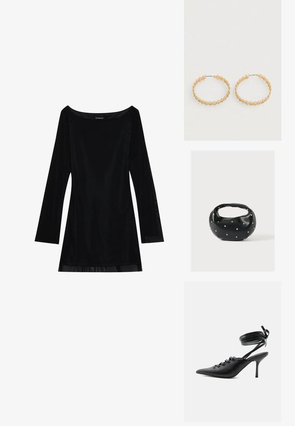 Zwart lang mouwjurk met een off-shoulder halslijn, soepele textuur en een vloeiende silhouet. Heeft doorzichtige details aan de zoom.; Zwarte pumps met spitse neus en hoge hak, met veters aan de voorkant en riempjes die rond de enkel wikkelen en zijn gestrikt in een strik, gezien vanaf de zijkant tegen een witte achtergrond.; Zwarte leren handtas met een afgeronde vorm, versierd met zilveren studs, en een korte handgreep. Gladde textuur en ritsluiting.; Gouden oorringen met een textuurontwerp en kleine, ronde kraaltjes langs de buitenrand. Lichtgewicht met een veilige sluiting.