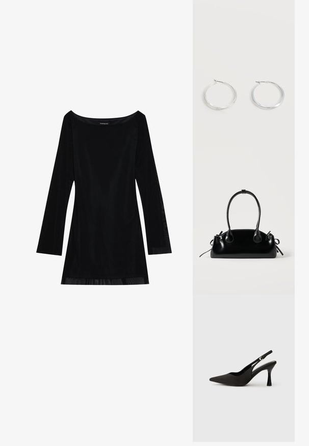 Schwarzes langärmliges Kleid mit schulterfreiem Dekolleté, glatter Textur und fließender Silhouette. Verfügt über transparente Details am Saum.; Schwarze Slingback-Absatzschuhe mit spitzem Zehenbereich, glattem, mattem Finish und schmalem, glanzvollem Absatz. Verstellbarer Riemen mit kleiner Schnallen-Detail.; Kleine schwarze glänzende Handtasche mit zwei langen Griffen und seitlichen Kordelzug-Details vor einfachem hellem Hintergrund.; Silberne Metallcreolen mit glatter, leicht gebogener Oberfläche und Klappverschluss vor schlicht weißem Hintergrund.